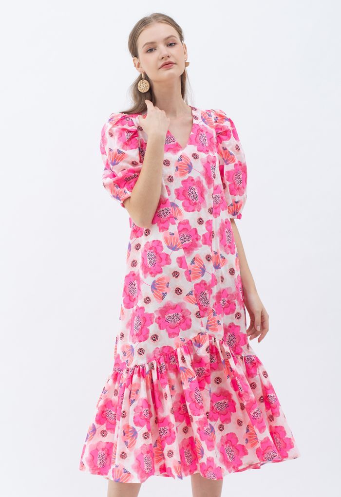 Hot Pink Blossom Bubble Sleeve Dolly Midi Dress | Chicwish