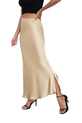 J.Corrine Women's Satin Silky Maxi Skirt Side Slit high Waist Elastic Waistband A line Long Flowy Skirts for Women Formal Wear Champagne | Amazon (US)