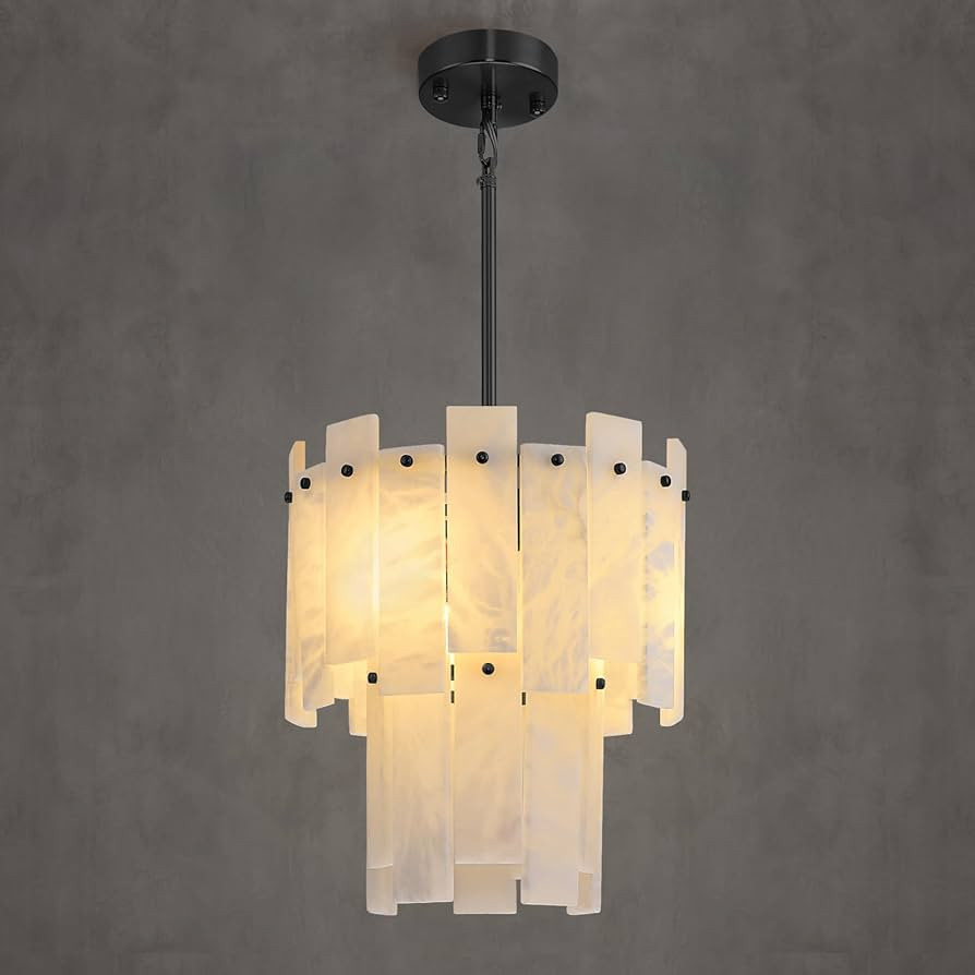 Alabaster Chandelier,13" Matte Black Natural Spanish Alabaster Pendant Light,2-Tier Round Marble ... | Amazon (US)