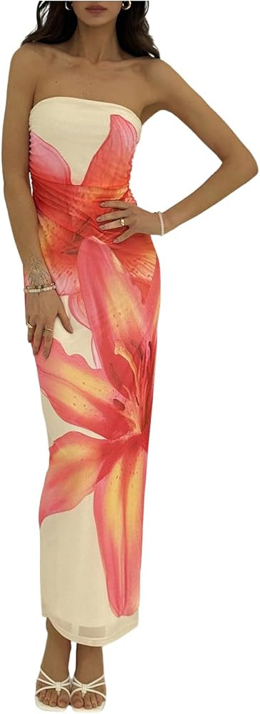 Milumia Women's Floral Strapless Bodycon Maxi Dress Summer Tube Top Dresses | Amazon (US)