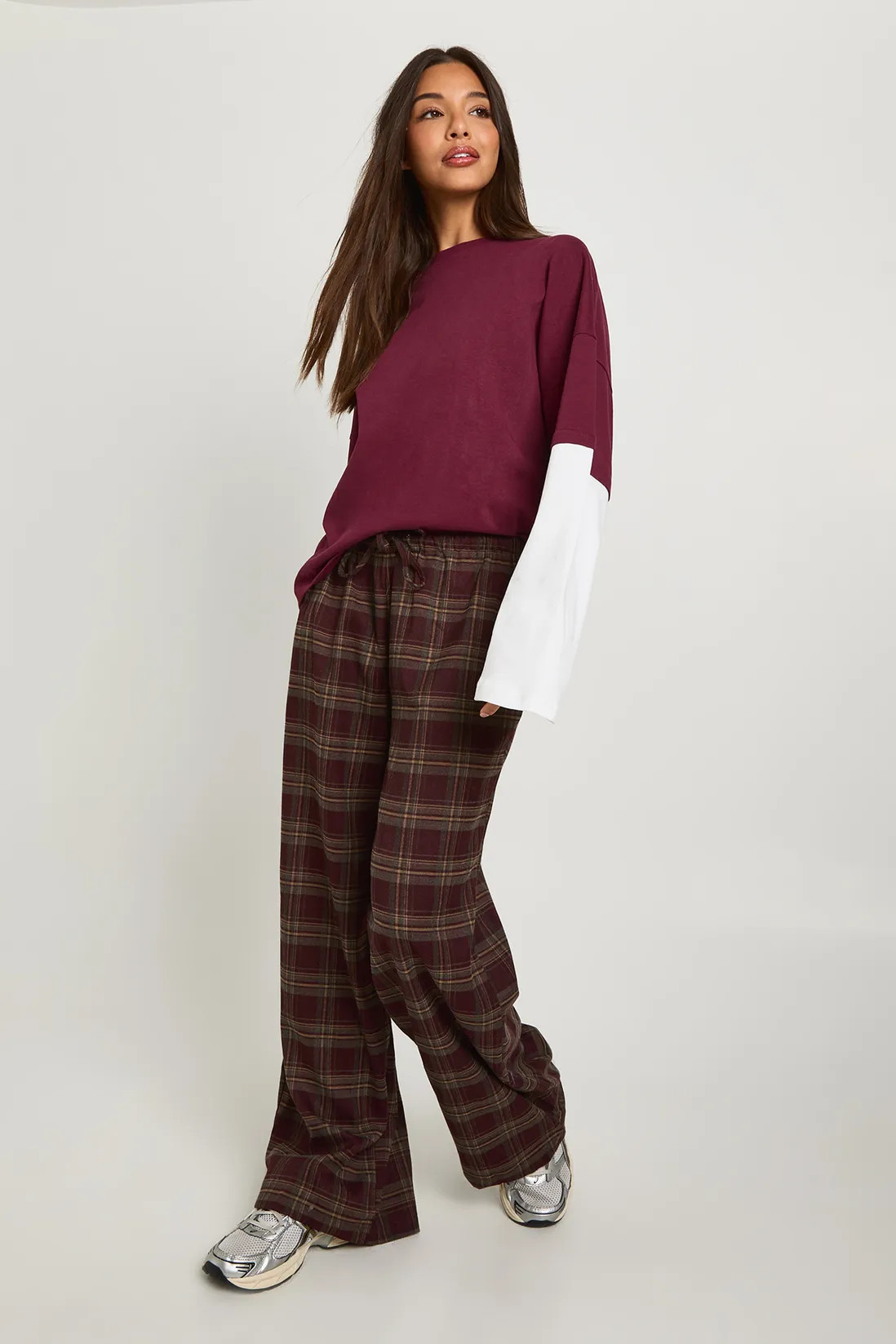 Check Drawcord Waist Wide Leg Trousers | Boohoo.com (UK & IE)