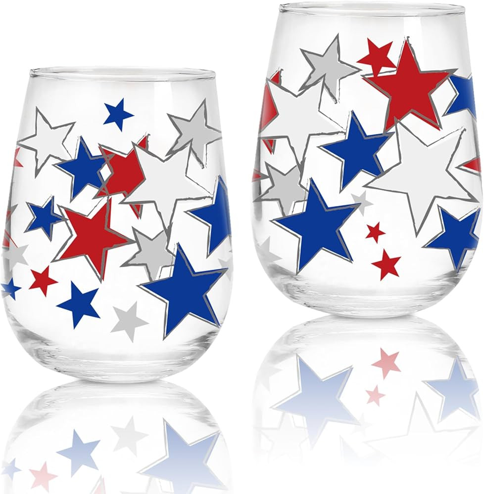 Whaline 2Pcs Patriotic Stemless Wine Glasses 17oz Red Blue White Star Drinking Glasses Star Patte... | Amazon (US)