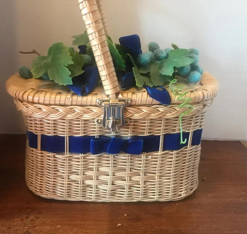 Vintage Wicker Basket Purse Yarn Grapes, Blue Velvet Ribbon, MCM Handbag - Etsy | Etsy (US)
