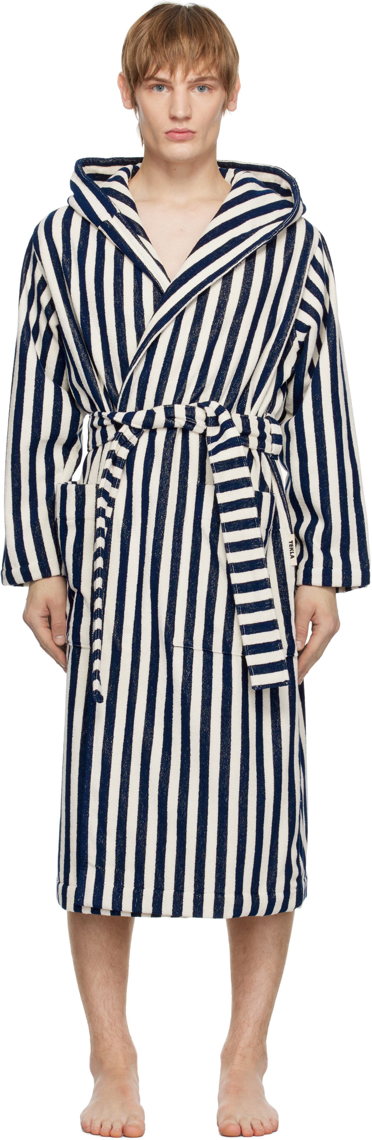 Tekla Navy & White Terry Hooded Bathrobe | SSENSE