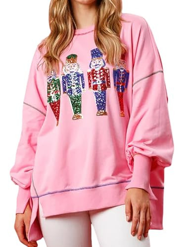 Aonoapll Women Sequin Nutcracker Sweatshirt Cute Holiday Oversized Pullover Sparkly Christmas Long Sleeve Crewneck Shirt(Pink,XX-Large) | Amazon (US)