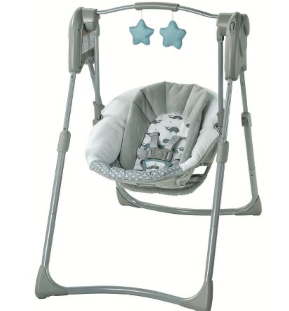 I love this swing because it’s  battery operated so it’s easy to move around. It’s lightweight and small. 