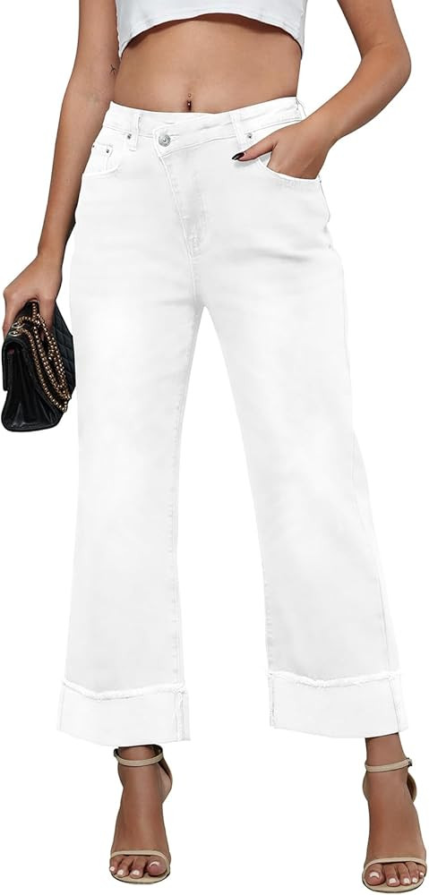 Genleck Wide Leg Cropped Jeans for Women Trendy High Waisted Crossover Boyfriend Jeans Mom Baggy ... | Amazon (US)