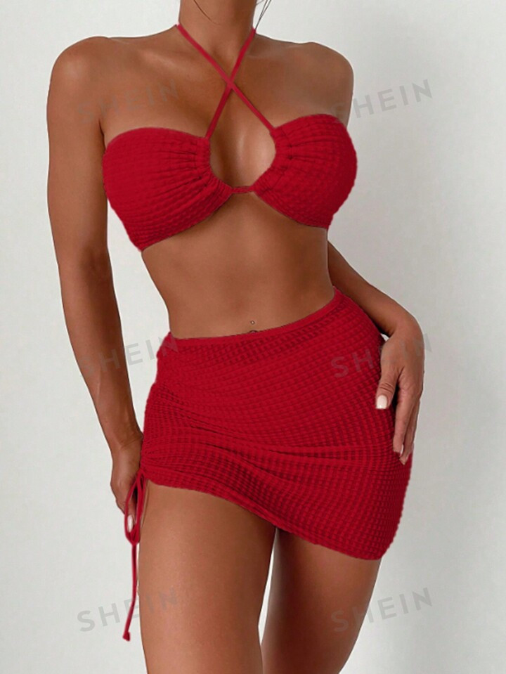 SHEIN Swim Basics Women Summer Beach Halter Neck Bikini Set & Cover Up Skirt | SHEIN