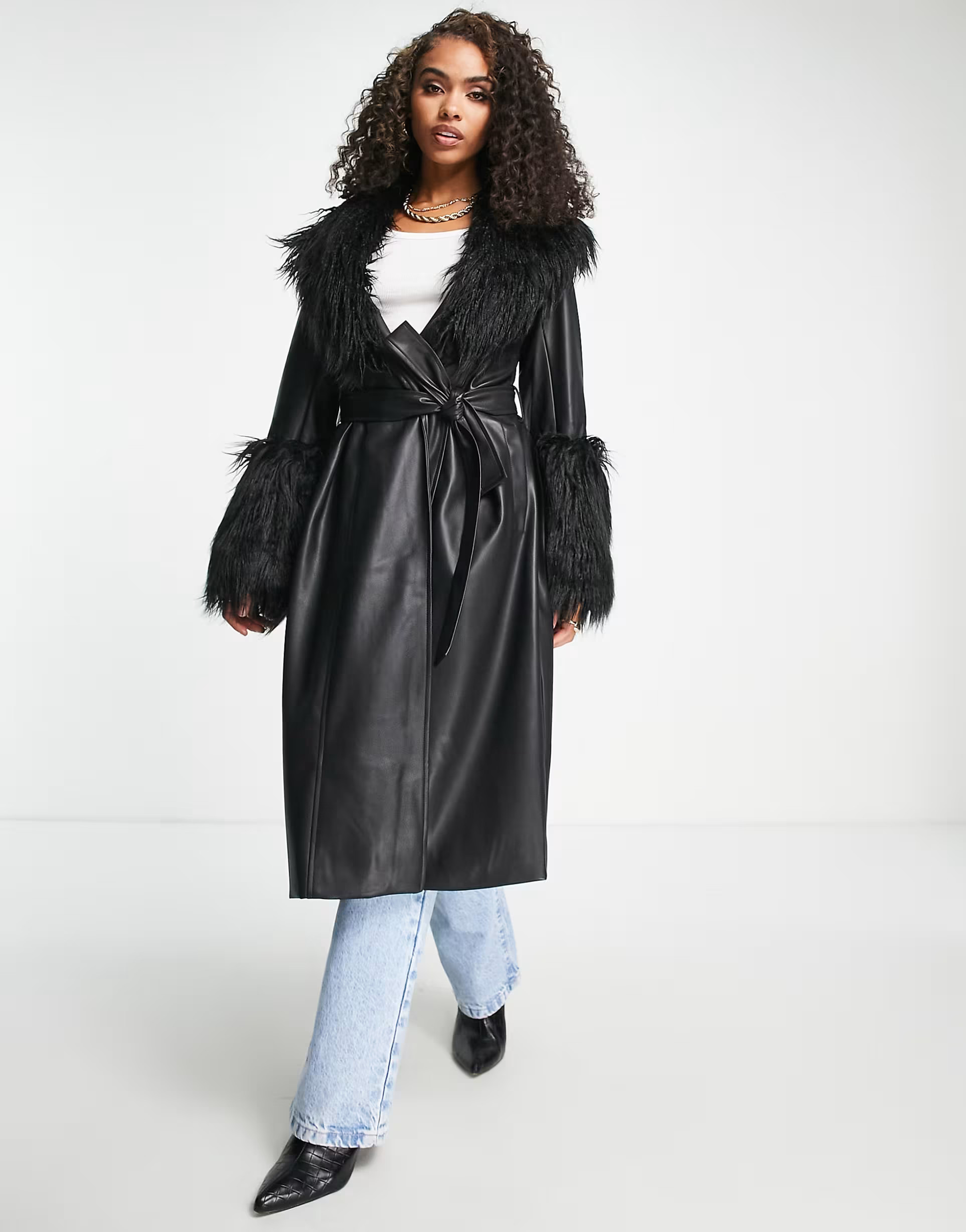 Jayley faux fur trim tie waist midi coat in black | ASOS (Global)