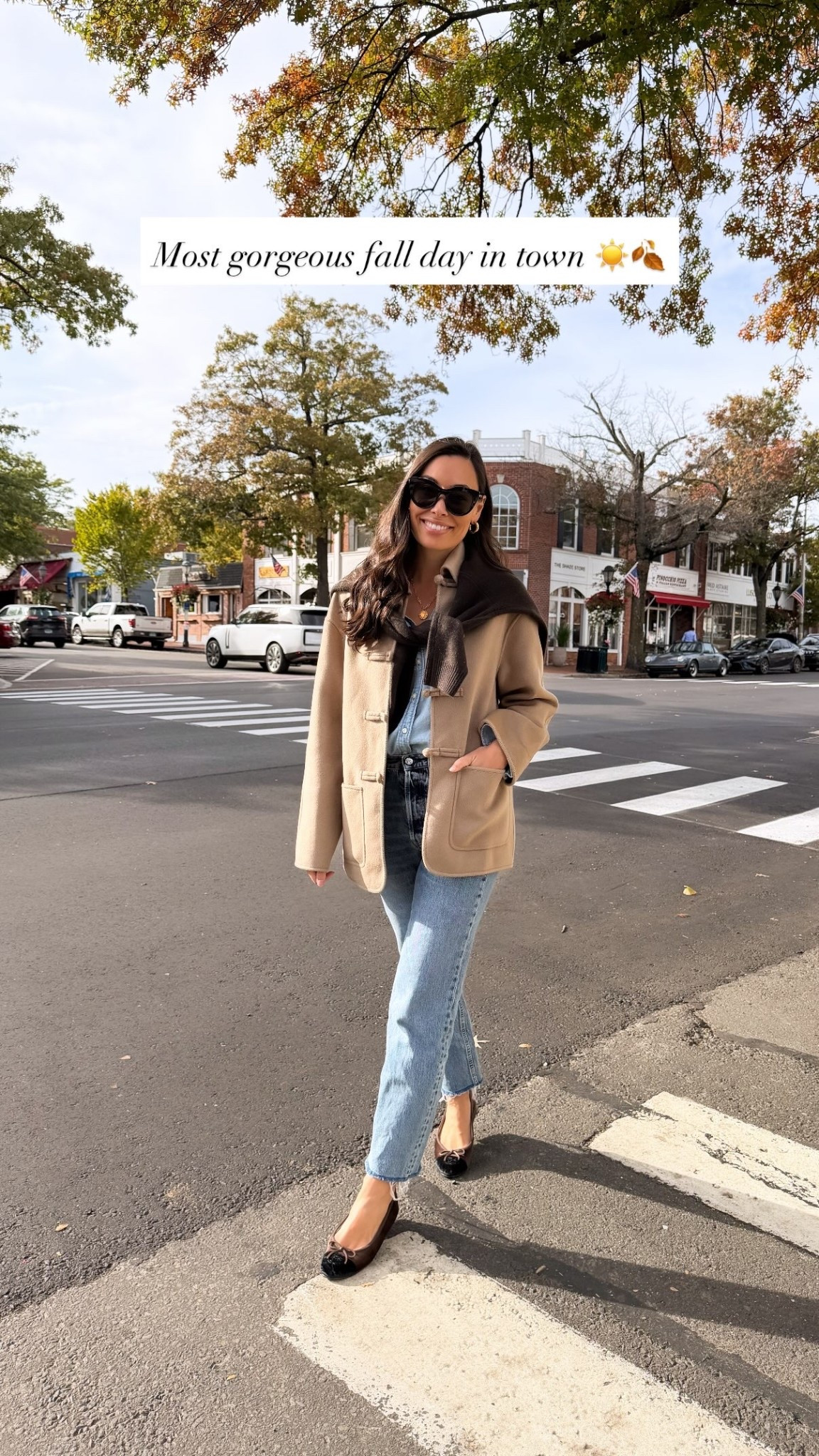 Fall outfit, fall jacket, Rohe jacket, Toteme jeans, Chanel ballet flats, chambray button down, denim, classic style.