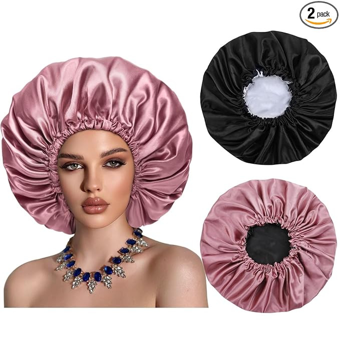 Satin Bonnet Silk Hair Cap: 2pcs Double Layer Reversible Extra Large Jumbo Adjustable Satin Lined... | Amazon (US)