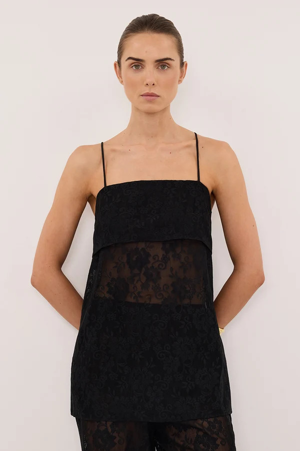 ANYA BLACK LACE WATERFALL TOP | DISSH