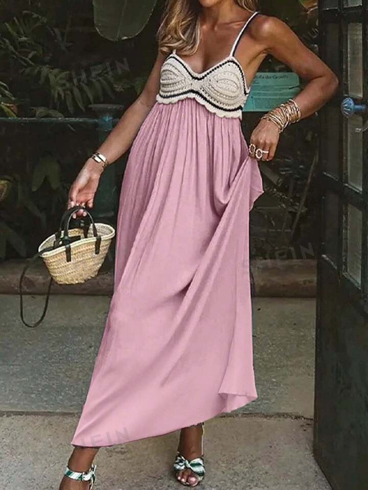 SHEIN VCAY Women's Crochet Decor Color Block Western Countryside Vacation Dress | SHEIN USA | SHEIN