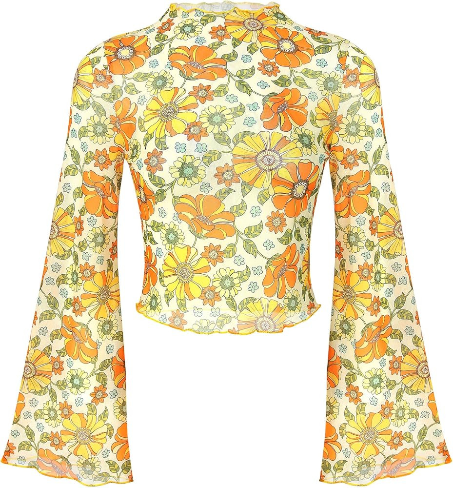 70s Outfits for Women Bell Sleeve Tops Disco Outfit Floral Mock Neck Mesh Top | Amazon (US)