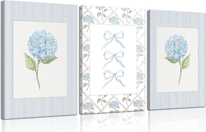 Trendy Blue Bow Canvas Wall Art Watercolor Hydrangea Coquette Paintings Pictures Wall Decor Coast... | Amazon (US)