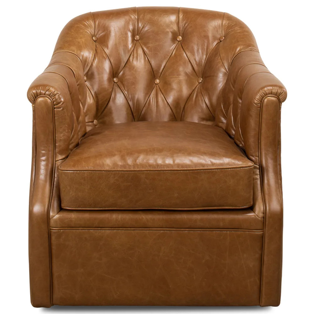 Cooper Rustic Lodge Tan Leather Tufted Swivel Club Chair | Kathy Kuo Home