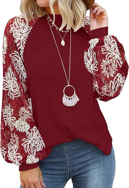 MIHOLL Womens Lace Long Sleeve Tops Floral Print Casual Shirts Blouses | Amazon (US)