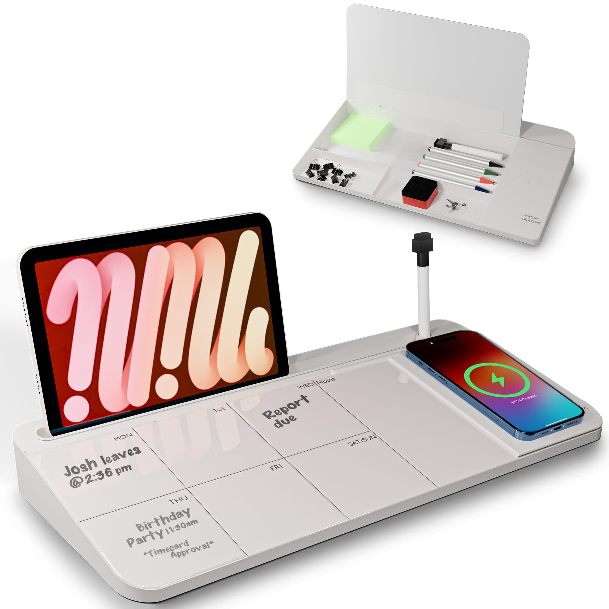 NEXTLUXE Glass Desk Whiteboard with Wireless Charger, Weekly Planner, Dry Erase Pad, Organizer Dr... | Amazon (US)