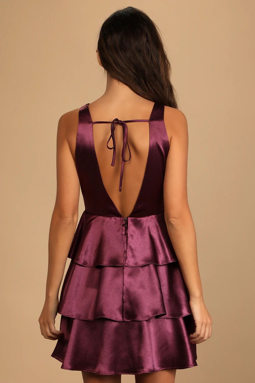 Tiers of Joy Plum Purple Satin Tie-Back Tiered Mini Dress | Lulus (US)