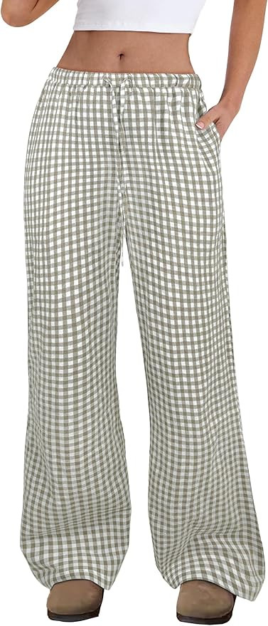 ANRABESS Women's Striped Gingham Pants 2025 Fall Pajama Lounge Boxer Pants Casual Wide Leg Drawst... | Amazon (US)