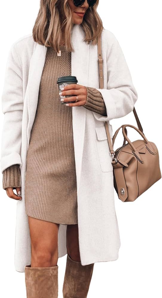 Hooever Women's Open Front Wool Coat Long Sleeve Lapel Coat Long Cardigan With Pockets | Amazon (US)