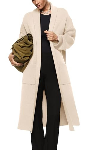Womens Long Sleeve Maxi Cardigan Open Front Oversized Knitted Sweater Coat Casual Lapel Warm Overcoat with Pockets Apricot | Amazon (US)