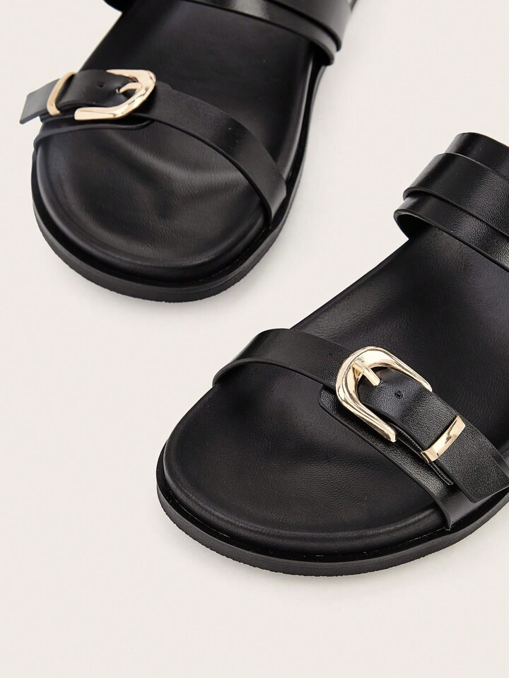 Casual Black Flat Sandals With Metal Square Buckle, Ideal For Vacation | SHEIN
