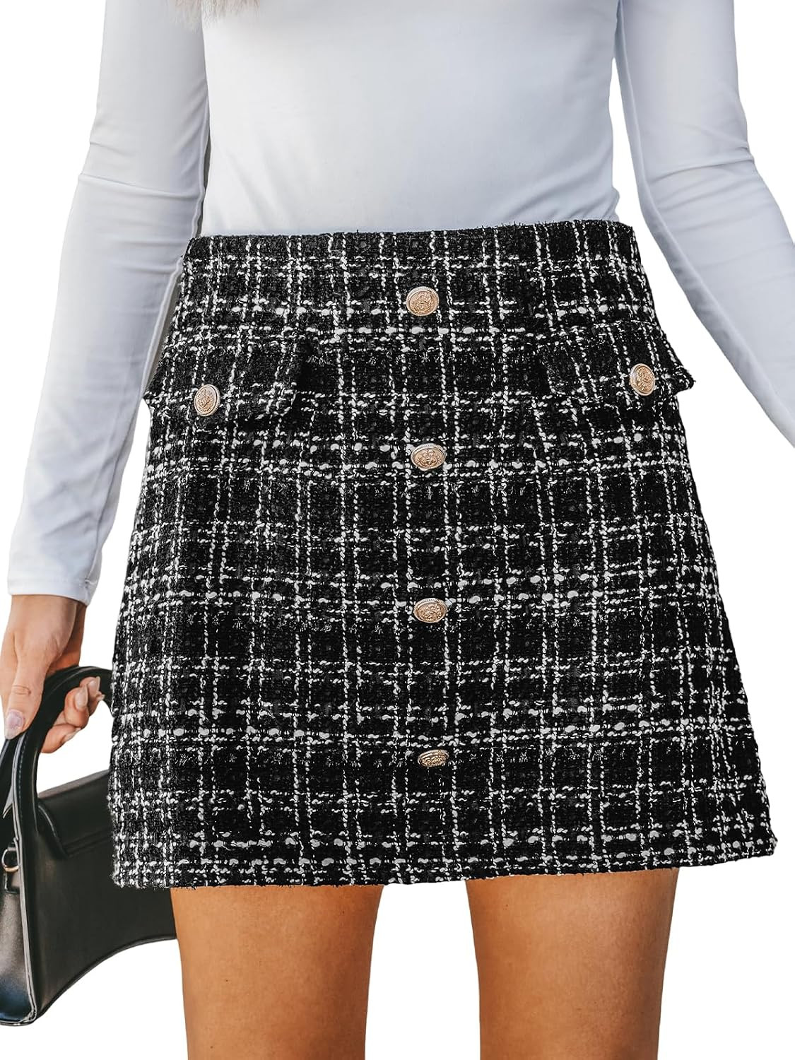 CUPSHE Women's Mini Skirt Button Front High Waist Tweed Plaid | Amazon (US)