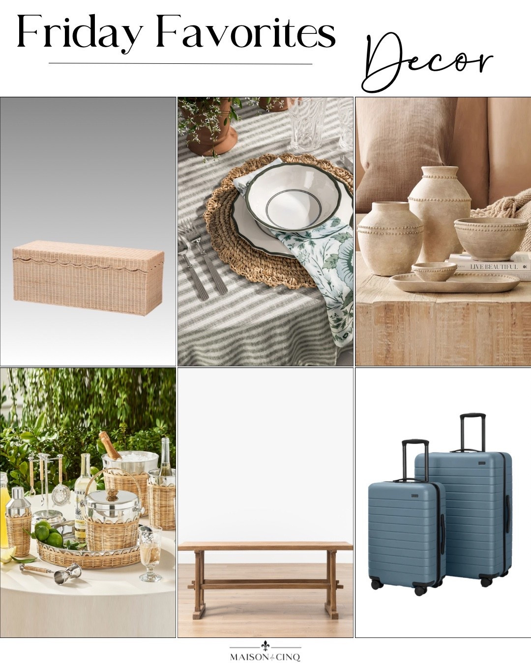 So many great sale finds for Friday Favorites this week like a striped linen tablecloth giving south of France vibes, my fave luggage on rare sale, amazing reclaimed wood console table 60% off, adorable scalloped wicker barware now on sale, and so much more!

#LTKSeasonal #LTKHome #LTKSaleAlert