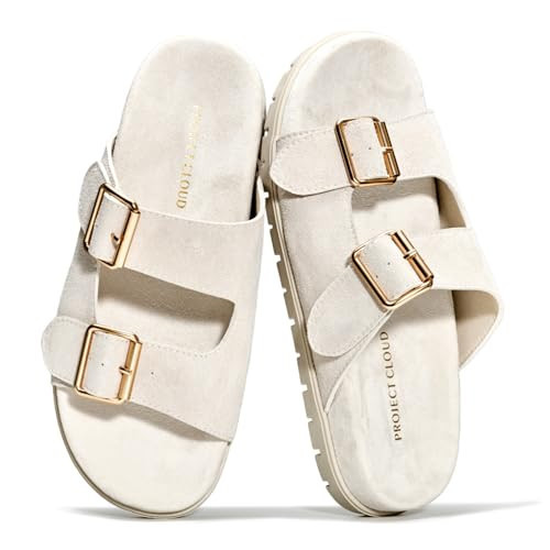 Project Cloud Genuine Leather Womens Sandals Comfortable & Non-Slip Slides for Women - Plush & Soft Insole Ladies Sandals Women Footwear (LANURA,LTGYSUEDE,9M) | Amazon (US)