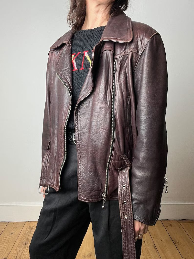 Vintage Burgundy Leather Bomber Jacket, 1980s Leather Bomber Jacket, Motorbike Jacket | Etsy (US)