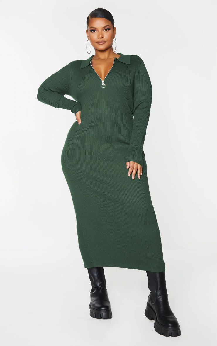 Plus Olive Half Zip Collared Detail Midaxi Dress | PrettyLittleThing US