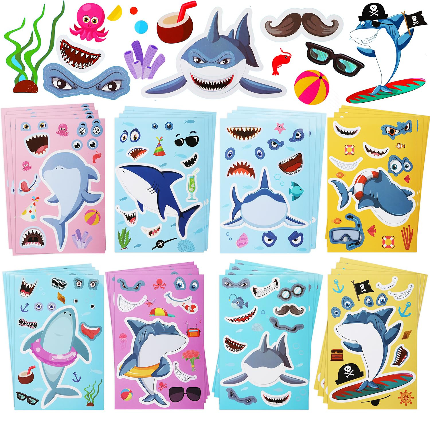 Cleverplay Make Your Own Shark Sticker, 24 Sheets, Shark Party Favors, Birthday Decorations | Amazon (US)