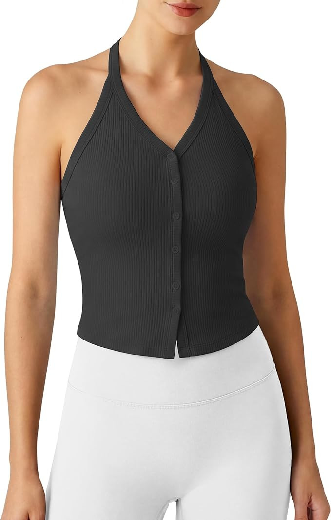 G4Free Ribbed Halter Crop Tank Tops Going Out Camisoles Backless Button Slim Fit Cropped Cami Top | Amazon (US)