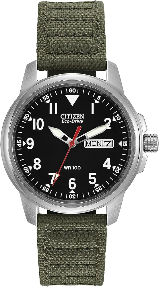 Citizen Men's Sport Casual Garrison 3-Hand Day/Date Eco-Drive Nylon Strap Watch, Arabic Markers, 100 Meters Water Resistant, Luminous Hands and Markers | Amazon (US)