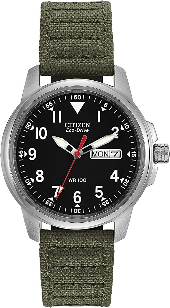 Citizen Men's Sport Casual Garrison 3-Hand Day/Date Eco-Drive Nylon Strap Watch, Arabic Markers, 100 Meters Water Resistant, Luminous Hands and Markers | Amazon (US)