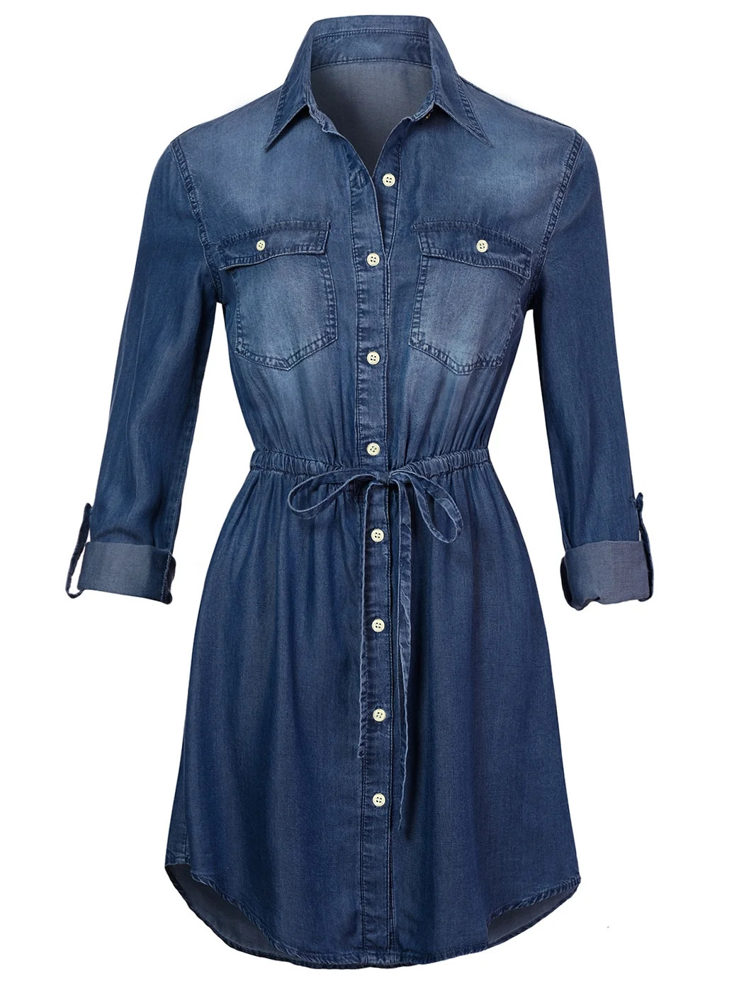 Women's Jean Shirt Dress Long Sleeves Waist Ties Casual Short Chambray Denim, Blue, Large | Walmart (US)