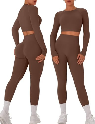 OLCHEE Womens Workout Sets 2 Piece Seamless Long Sleeve Crew Neck Crop Top Shirts Scrunch Butt Leggings Gym Yoga Outfits - Brown Small | Amazon (US)