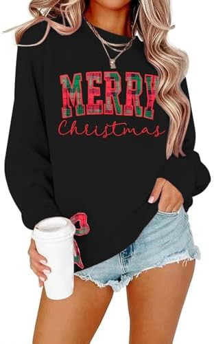 FASHGL Christmas Sweatshirts for Women Merry Christmas Tree Bow Graphic Long Sleeve Xmas Vacation... | Amazon (US)