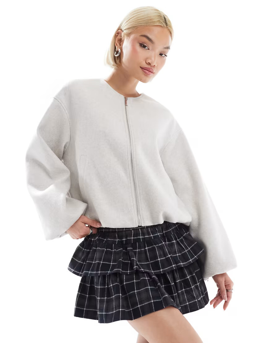 Stradivarius brushed bomber jacket in ecru-Neutral | ASOS (Global)