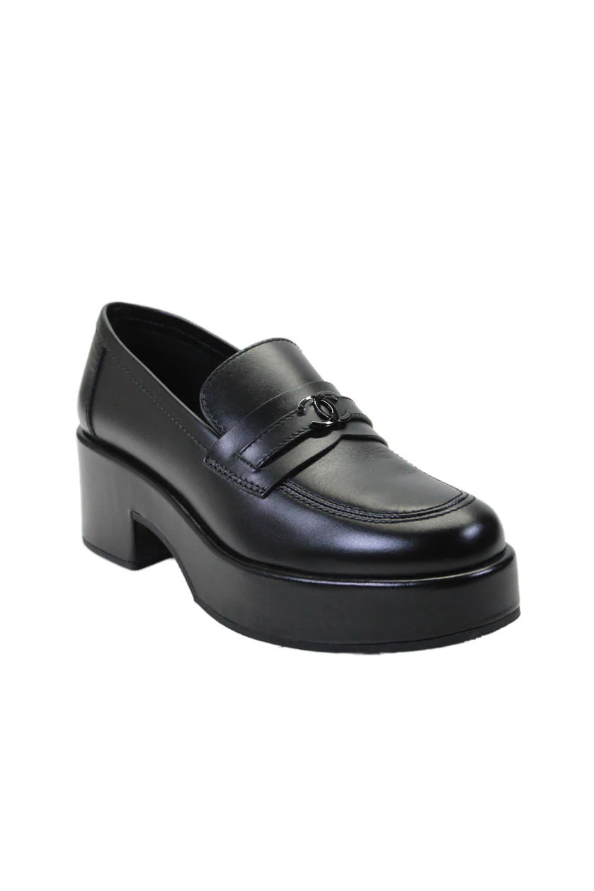 Chanel Womens Leather Platform Slip On Loafers Black | Shop Simon