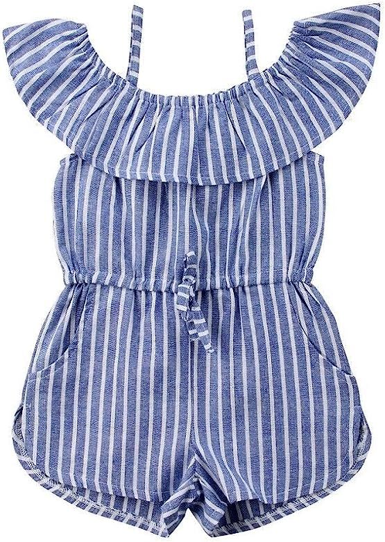 Toddler Little Girl Demin Off Shoulder Ruffle Pocket Romper Jumpsuit Clothes Set | Amazon (US)