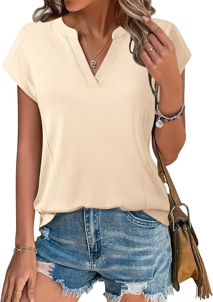 Unixseque Women's Casual Tops Business Work Blouses Cotton Cap Sleeve V Neck Tshirt | Amazon (US)
