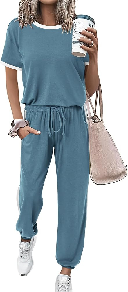 MASCOMODA Womens 2 Piece Outfits 2026 Summer Tracksuit Sets Short Sleeve Tops Travel Long Pants J... | Amazon (US)