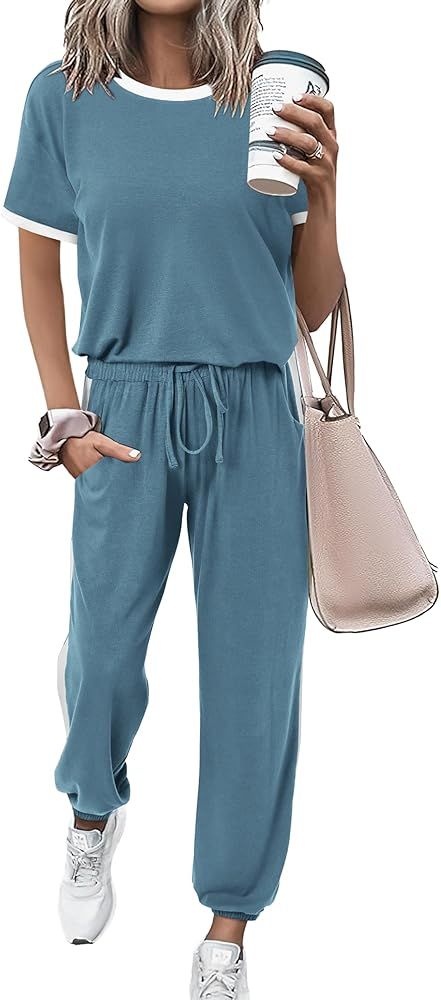 MASCOMODA Womens 2 Piece Outfits 2024 Summer Tracksuit Sets Short Sleeve Tops Long Pants Jogger L... | Amazon (US)