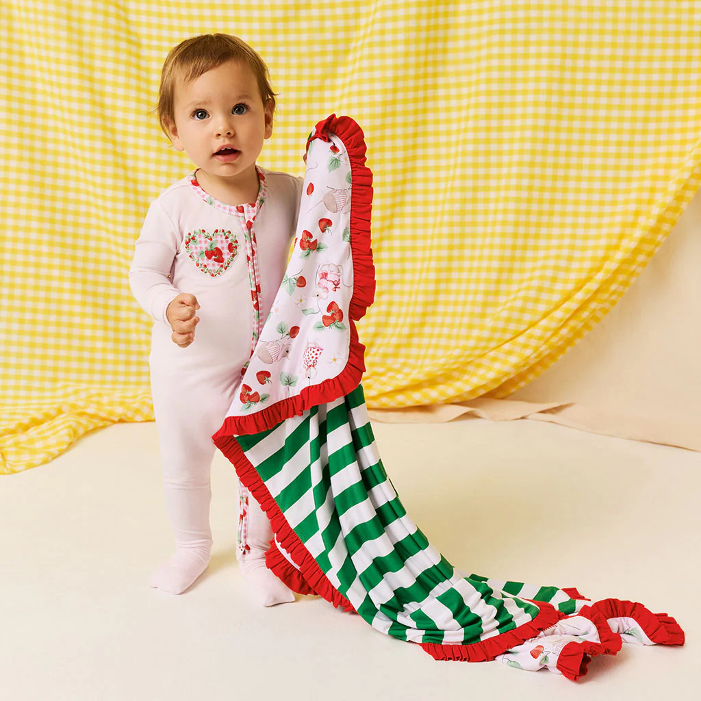 Strawberry Red Reversible Country Mouse & Strawberry Stripe Ruffled Luxette Patoo® Blanket | Pos... | Posh Peanut