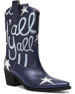 Metallic Cowboy boots for Women Mid Calf Low Heel Pointed Toe Womens Cowgirl Boots Fashion Embroi... | Amazon (US)
