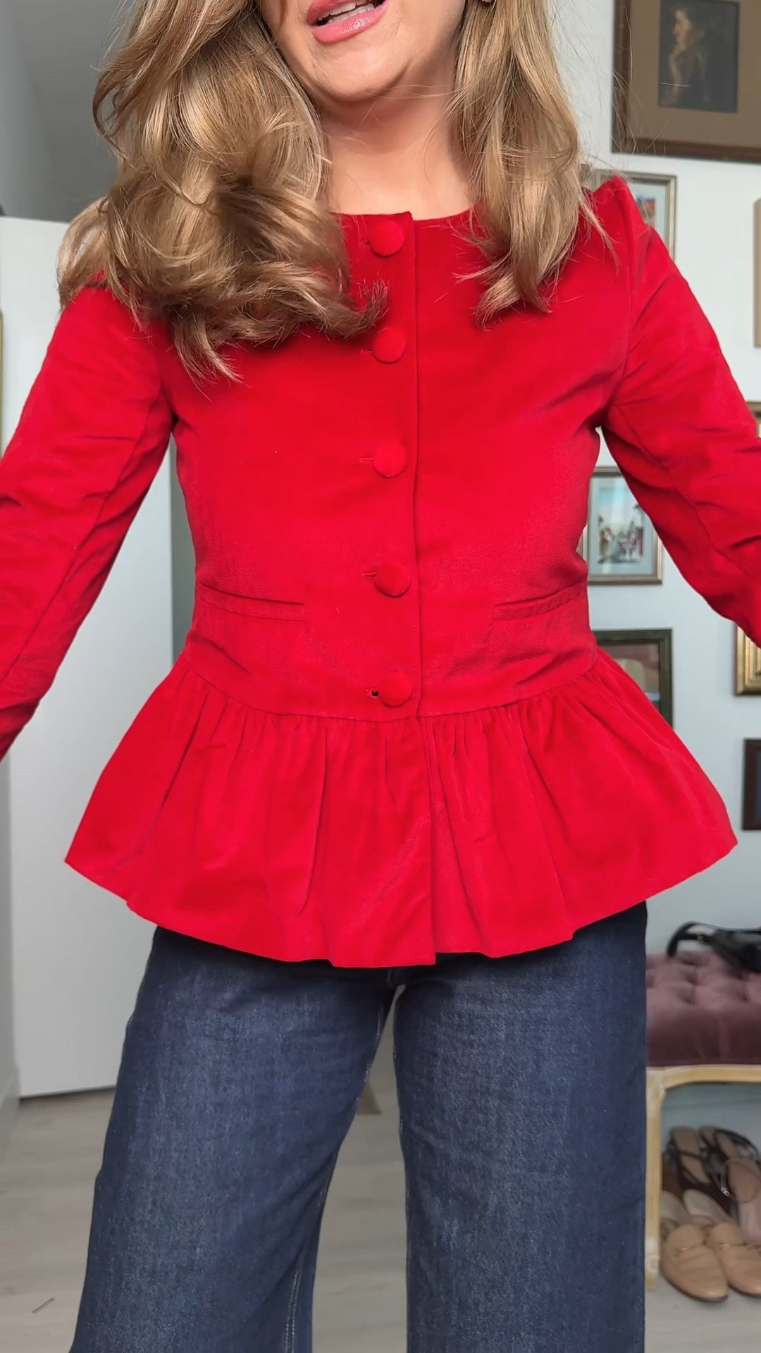 If you’re someone who has a holiday event coming up, but you don’t really feel like going head to toe festive, I think that is such a great option of red and the plum is so gorgeous on this! 

Sizing; 
I am wearing a medium and for reference I am a 36D usually get a 6 ! The sleeves are a liiiiittle short on me, but that’s probably because I have a large wingspan (im 5’7”) 

The jeans are true to size! They’re meant to be worn turned up at the bottom, but for this look, I prefer them like this! 