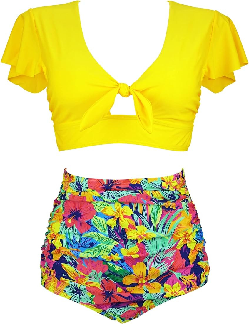 COCOSHIP Women's Retro Ruched Ruffle High Waist Two Piece Bikini Set Tie Knot Front Top Sport Bat... | Amazon (US)