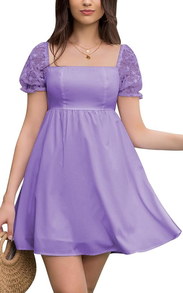 Byinns Women's Summer Mini Dress Square Neck Lace Short Puff Sleeve Dress Smocked Empire Waist A ... | Amazon (US)